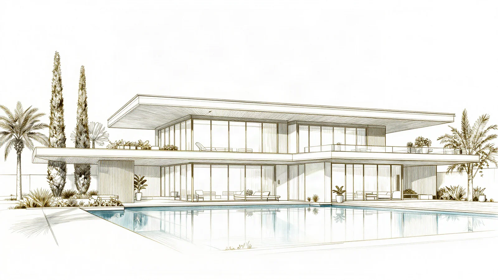 Szkic architektoniczny nowoczesnej willi z basenem